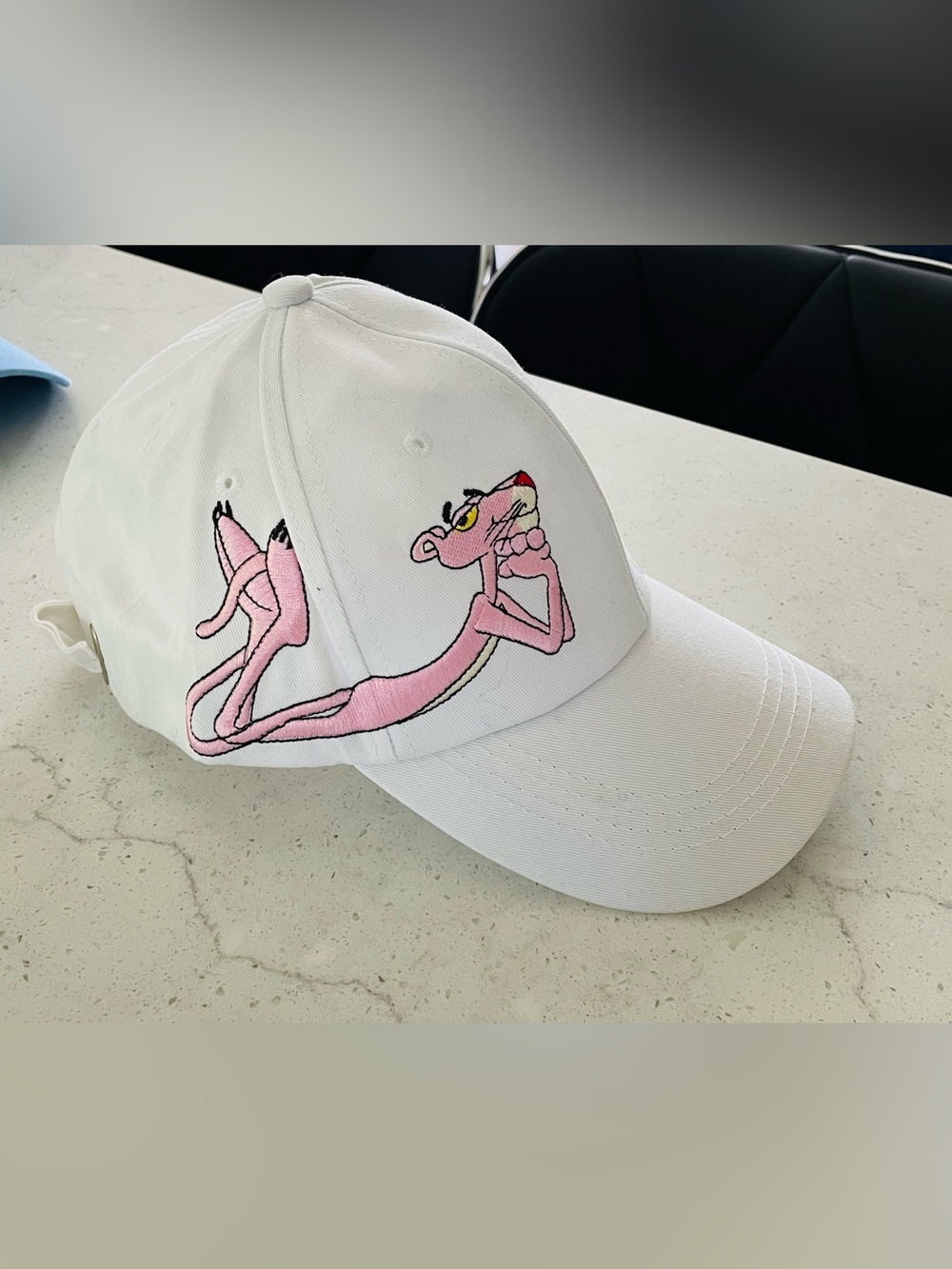 White Baseball Cap with Pink Panther Embroidery